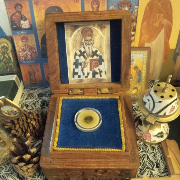 The relic of St. Nikolai, housed in a small wooden reliquary, a gift from Archbishop Lazar and the Monastery of All Saints of North America. 